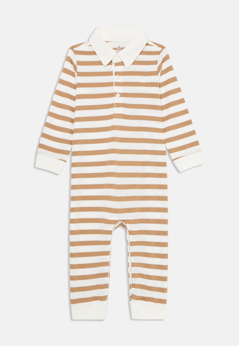 Röstripeeritud pikkade varrukatega bodi kreemi ja helepruuni värviga, millel on polo kaelus, nupplukku ja soonikkoes käised. Pehme puuvillane materjal.