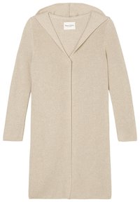 Cardigan a maglia beige con cappuccio, apertura frontale, maniche lunghe e texture a costine. Presenta fessure laterali per facilitare il movimento.