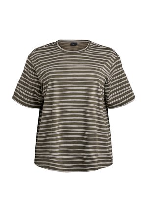 Olivgrön kortärmad T-shirt med horisontella vita ränder, rund halsringning, avslappnad passform och mjuk tygkvalitet.