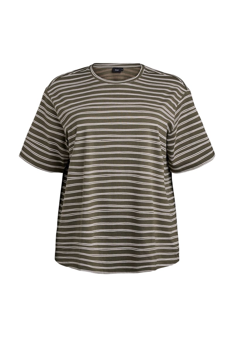 Olivnozeleni kratkosleeved T-shirt z vodoravnimi belimi črtami, okrogla ovratnika, sproščen kroj in mehak teksturiran material.