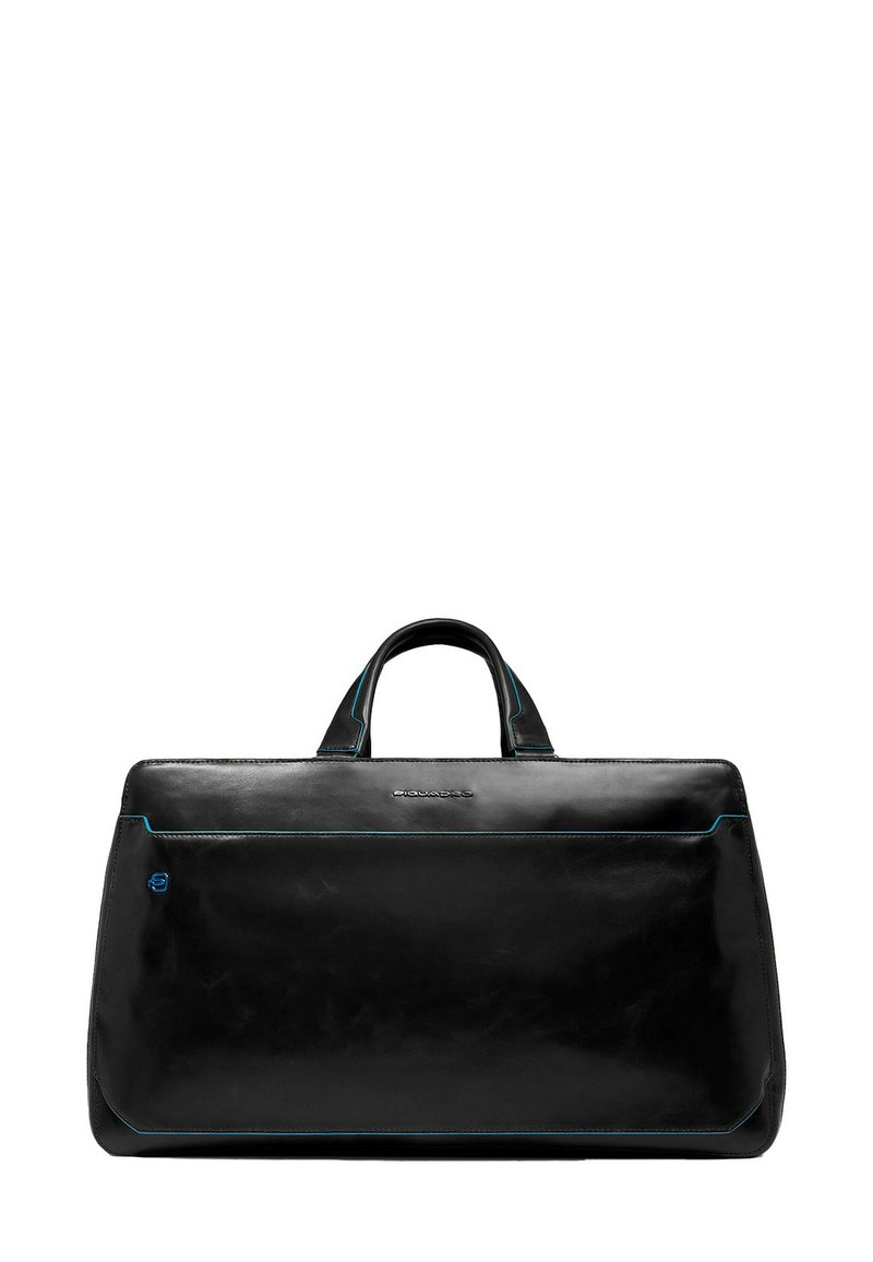 Borsa in pelle nera dalla forma rettangolare, con cuciture turchesi, doppi manici e una texture liscia e lucida.