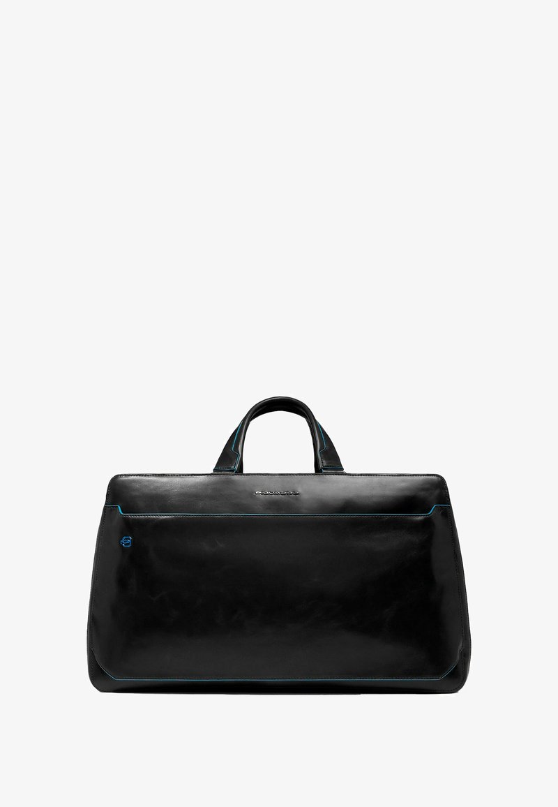Borsa in pelle nera dalla forma rettangolare, con cuciture turchesi, doppi manici e una texture liscia e lucida.
