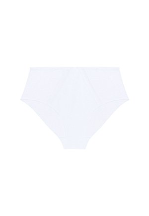 Hvide højtaljede kvinders undertøj med subtil blomsterlacemønster og glatte kanter, vist fladt på hvid baggrund.