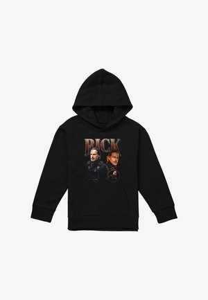 Black hoodie with front pocket featuring three images of a man and the large text "RICK" above him.