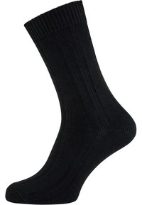 Schwarze knielange Socke aus geripptem Material, mit verstärkter Zehenpartie, glatter Oberfläche und elastischem Bündchen für einen engen Sitz.