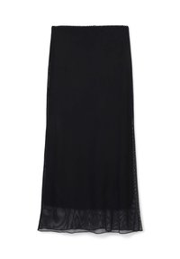 Gonna nera trasparente con un design fluido, caratterizzata da una linea dritta e una texture morbida. I bordi presentano una delicata finitura in pizzo.