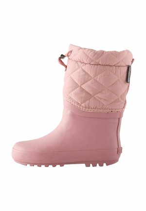 Stivale impermeabile rosa con cima trapuntata e imbottita, corpo in gomma testurizzata e suola in gomma con piccoli motivi antiscivolo.