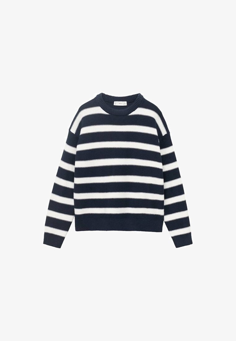 Pull en maille à rayures horizontales bleu marine et blanches, manches longues, col rond côtelé.