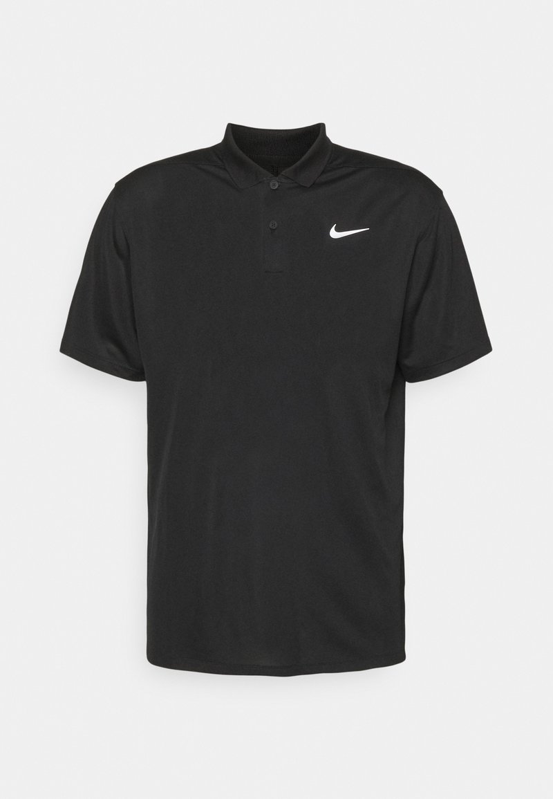 Polo noir à manches courtes avec col et deux boutons, avec un logo Nike swoosh blanc sur le côté gauche de la poitrine.