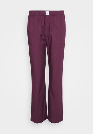 Burgundy wide-leg trousers with an elastic waistband, made from a smooth fabric, featuring front pleats and a relaxed fit.
