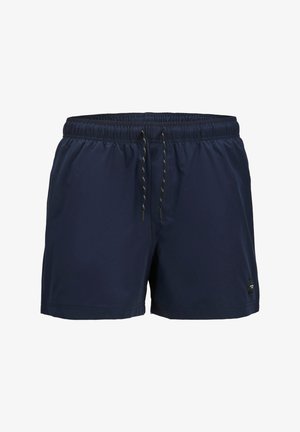 Calções de banho azul marinho feitos de material leve, com uma cintura elástica e cordão, além de bolsos laterais. Design simples.