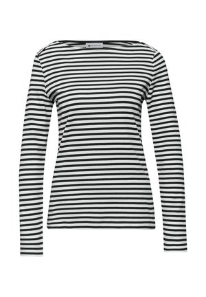 Chemise à manches longues rayée horizontale noir et blanc, avec un col bateau et une silhouette cintrée.