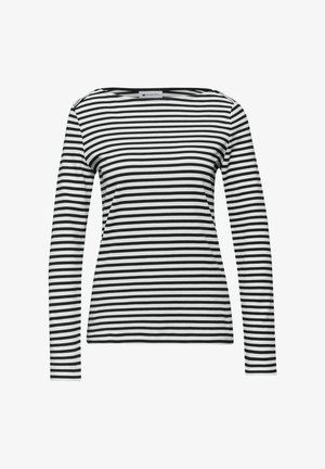 Czarna i biała koszulka w poziome paski z długimi rękawami, dekoltem typu łódka i dopasowanym krojem.