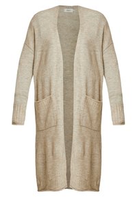 Beżowy sweter dzianinowy z otwartym przodem, długimi rękawami i prążkowanymi mankietami. Posiada dwie przednie kieszenie oraz miękką, teksturowaną tkaninę.