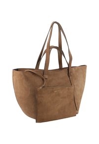Brauner Wildleder-Shopper mit passender abnehmbarer Reißverschlusstasche, ausgestattet mit doppelten Griffen und glatter Textur.
