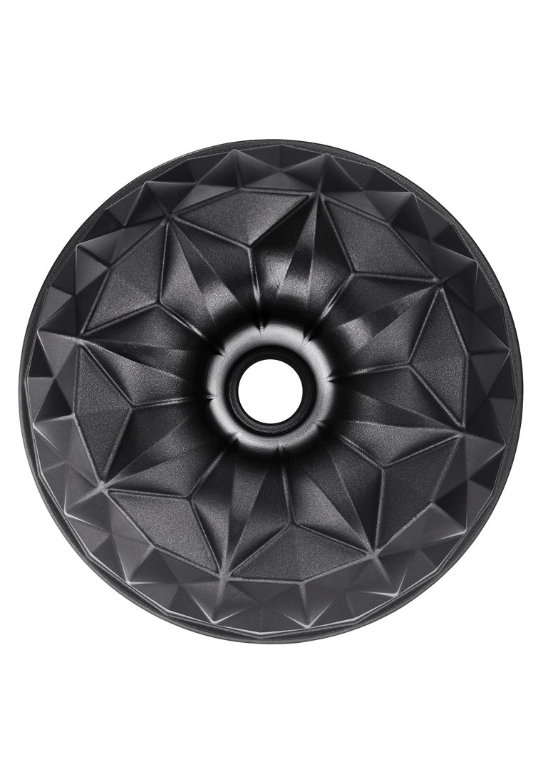 Schwarze geometrische Schale mit einer strukturierten, facettierten Oberfläche und einem zentralen Loch, mit einer glatten Kante und einem matten Finish.