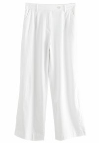 Weiße, weit geschnittene Hosen aus leichtem Material mit Knopfverschluss, Vorderfalten und seitlichen Taschen.