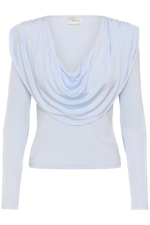 Γαλάζιο μακρυμάνικο τοπ με ντραπέ λαιμόκοψη και εφαρμοστή μέση, κατασκευασμένο από απαλό, ελαφρώς γυαλιστερό ύφασμα.