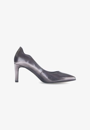 Glossy dark gray patent leather pump with pointed toe and mid-height heel, featuring a smooth surface and rounded back.