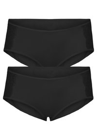 Melna hipster apakšveļas komplekts ar ziedu mežģīnēm sānos. Gluda auduma, elastīga jostasvieta un mērena pārklājuma dizains.