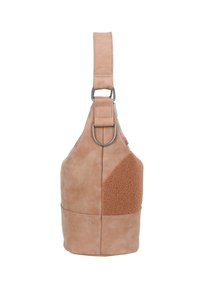 Borsa a spalla in morbido suede beige chiaro con una toppa marrone testurizzata, ampia tracolla e hardware in metallo.