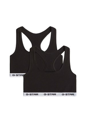 Dos sujetadores deportivos negros con espalda racer y bandas elásticas blancas en el dobladillo, cada banda con el texto negro "G-STAR" repetido.