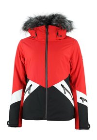 Röd skidjacka med grå pälsfodrad huva, svarta och vita geometriska detaljer, zippered fickor och dragkedja fram.