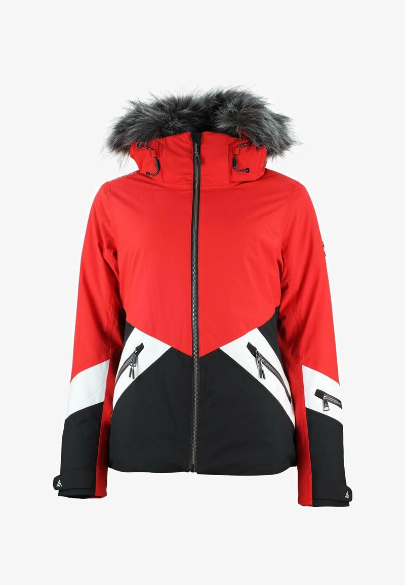 Veste de ski rouge avec capuche doublée de fourrure grise, accents géométriques noirs et blancs, poches zippées et fermeture éclair sur le devant.