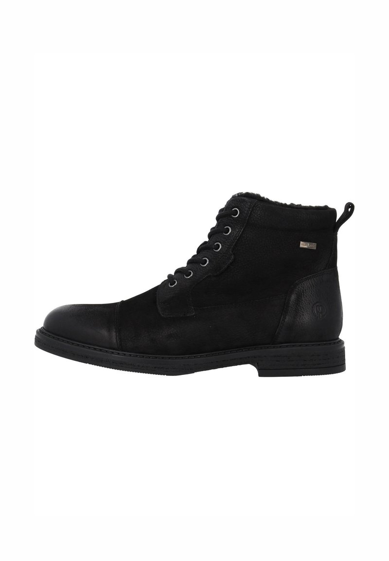 Stivali neri alla caviglia in pelle e suede con finitura texture, suola piatta in gomma, design con lacci e colletto foderato in pelliccia.
