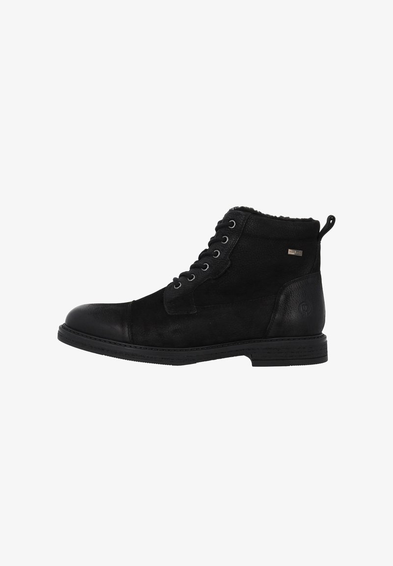 Stivali neri alla caviglia in pelle e suede con finitura texture, suola piatta in gomma, design con lacci e colletto foderato in pelliccia.