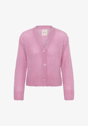 Cardigan rose en maille avec un col en V, trois boutons, poignets et ourlet côtelés, doté d'un tissu doux et texturé ainsi qu'un design léger.