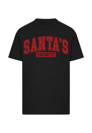 Black cotton t-shirt featuring large red text reading "SANTA'S FAVORITE" in a bold, collegiate font across the chest. Short sleeves, crew neck.
