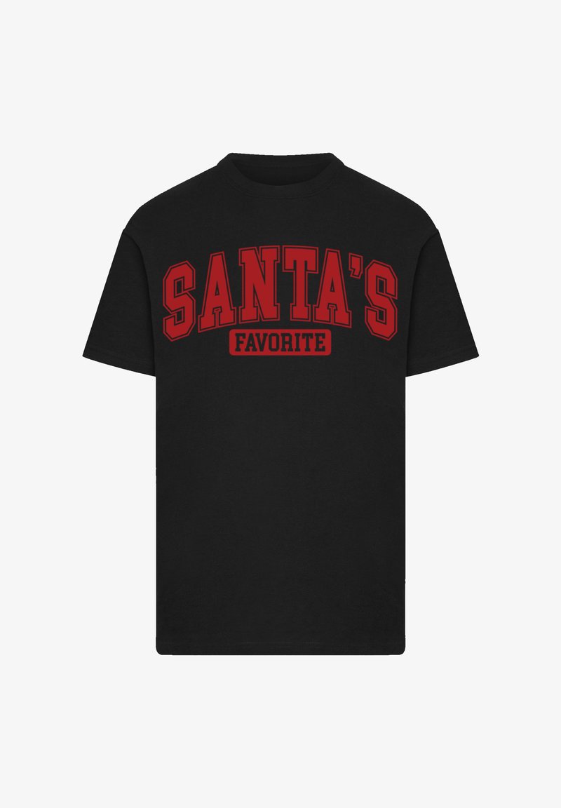 Schwarzes Baumwoll-T-Shirt mit großem roten Text "SANTAS LIEBLING" in einer fetten, kollegialen Schriftart auf der Brust. Kurze Ärmel, Rundhals.