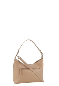 Borsa hobo beige realizzata in materiale texturizzato, dotata di un'unica tracolla e di una tracolla rimovibile, con una tasca frontale con zip.