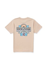 Beige bomullströja med en färgglad Volcom Stone-logotyp som har en sol, diamantform och texten "1991" tryckt på baksidan.