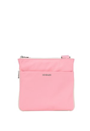 Sac bandoulière rectangulaire rose avec fermeture éclair argentée, petite poche avant et logo "BOGNER" argenté centré sur le panneau avant.