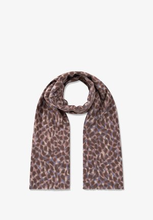 Braun und pink gemusterter Schal, aus weichem Stoff gefertigt, mit einer flauschigen Textur und unregelmäßigen abstrakten Formen sowie fransigen Kanten.