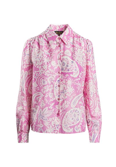 Blusa rosa con motivo paisley, colletto, chiusura a bottoni e maniche lunghe; presenta dettagli arricciati sulle spalle e sui polsini.