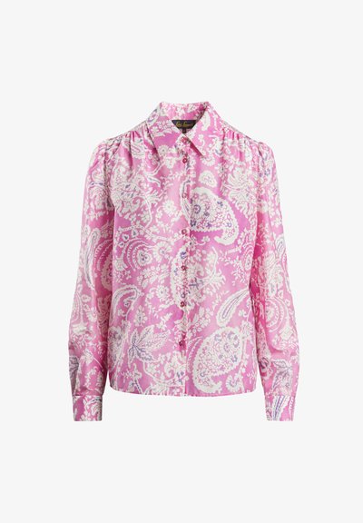 Pink paisley-patterned blouse with a collared neck, button front, and long sleeves; features gathered detailing on shoulders and cuffs.