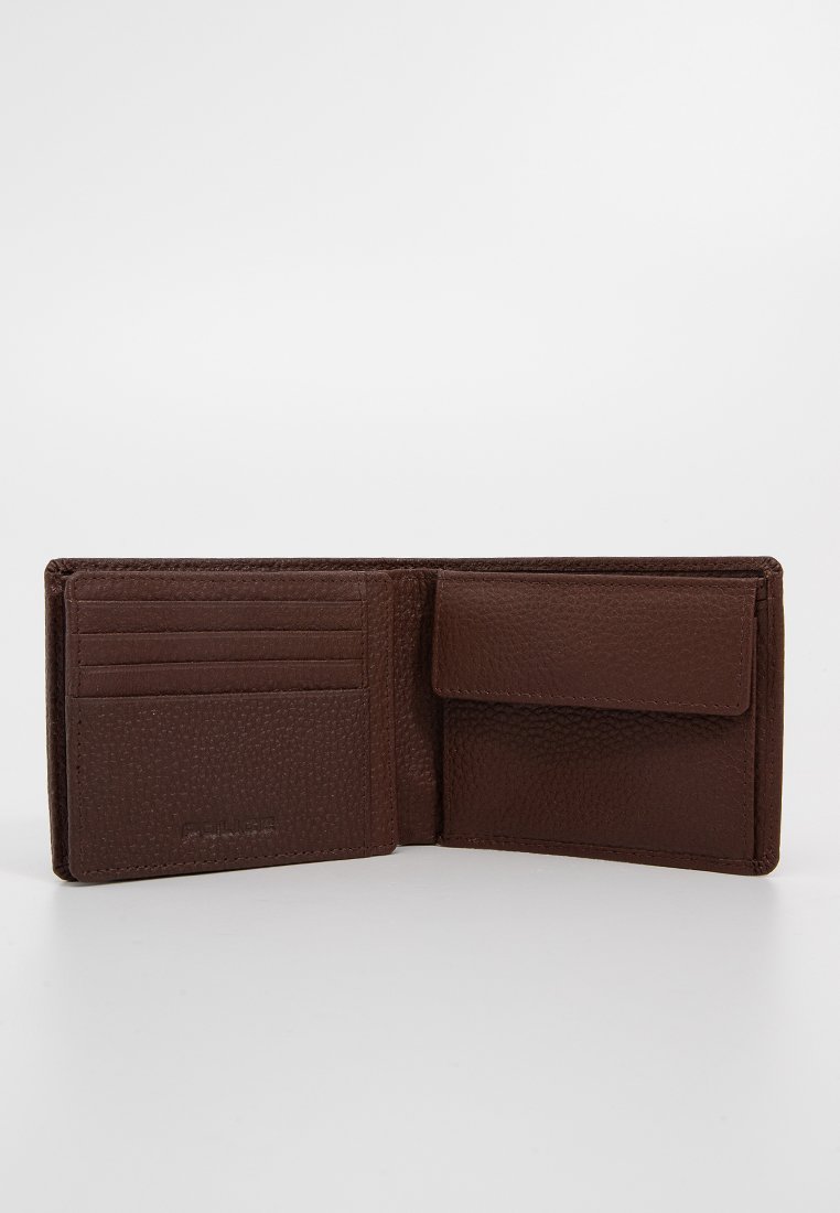 Braune Lederbörse mit strukturiertem Finish. Das Innere beinhaltet Kartenfächer und eine Reißverschlusstasche und bietet ein einfaches, funktionales Design.