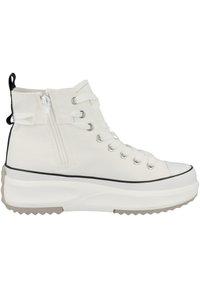 White high-top sneakers with a canvas upper, metal eyelets, contrasting black accents, zip on the side, and a thick, textured rubber sole.