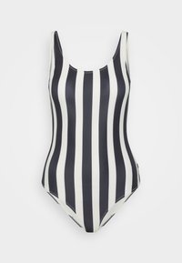 One-piece swimsuit with navy and white vertical stripes, round neckline, and wide straps. Textured fabric with flat seams and medium cut leg.