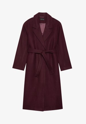 Bordeaux wollen blend jas met een ceintuur in de taille, notched revers en lange mouwen. Glad textuur met een effen kleur, voorzien van een binnenvoering.