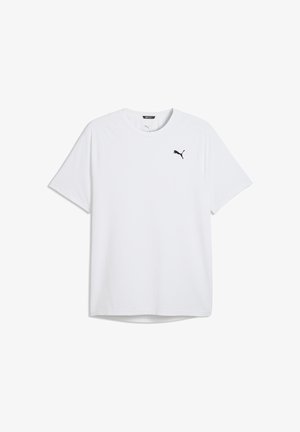 Hvid kortærmet Puma sportst-shirt med rund hals og lille sort Puma-logo på venstre bryst.
