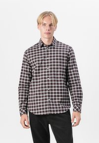 Checkered shirt in dark burgundy and white, made from fabric with a smooth texture. Features a button-up front and a classic collar design.