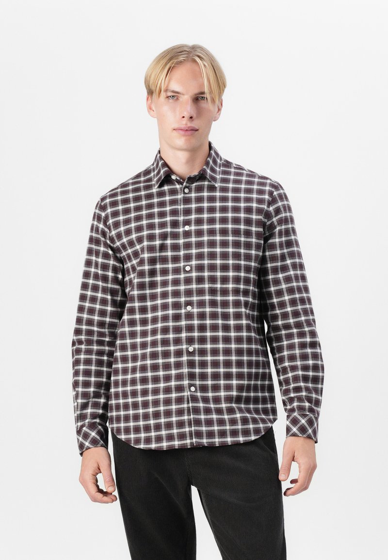 Checkered shirt in dark burgundy and white, made from fabric with a smooth texture. Features a button-up front and a classic collar design.