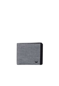 Gray fabric wallet with a textured finish and black stitching. Features a simple design and a subtle logo in the lower corner.