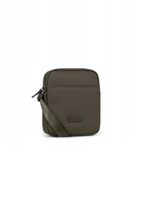 Borsa a tracolla khaki con esterno in nylon testurizzato, forma rettangolare, patch logo frontale e tracolla staccabile per lunghezza regolabile.
