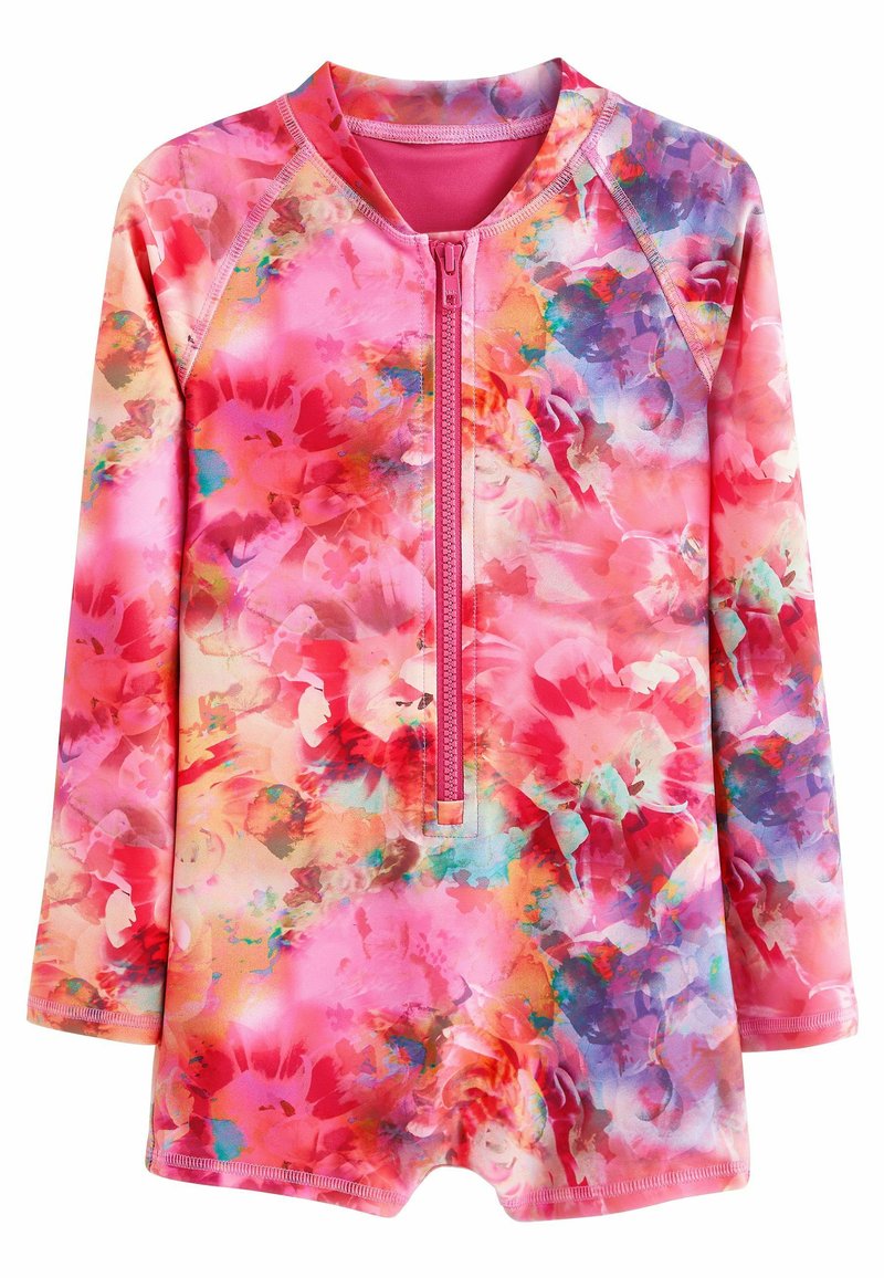 Rashguard in lebhaftem Pink mit floralem Muster, ausgestattet mit einem Frontreißverschluss und langen Ärmeln. Weicher, elastischer Stoff, der für Wasseraktivitäten entwickelt wurde.
