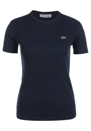 Donkerblauw Lacoste T-shirt met korte mouwen, ronde hals en klein groen krokodillogo op de linkerborst.